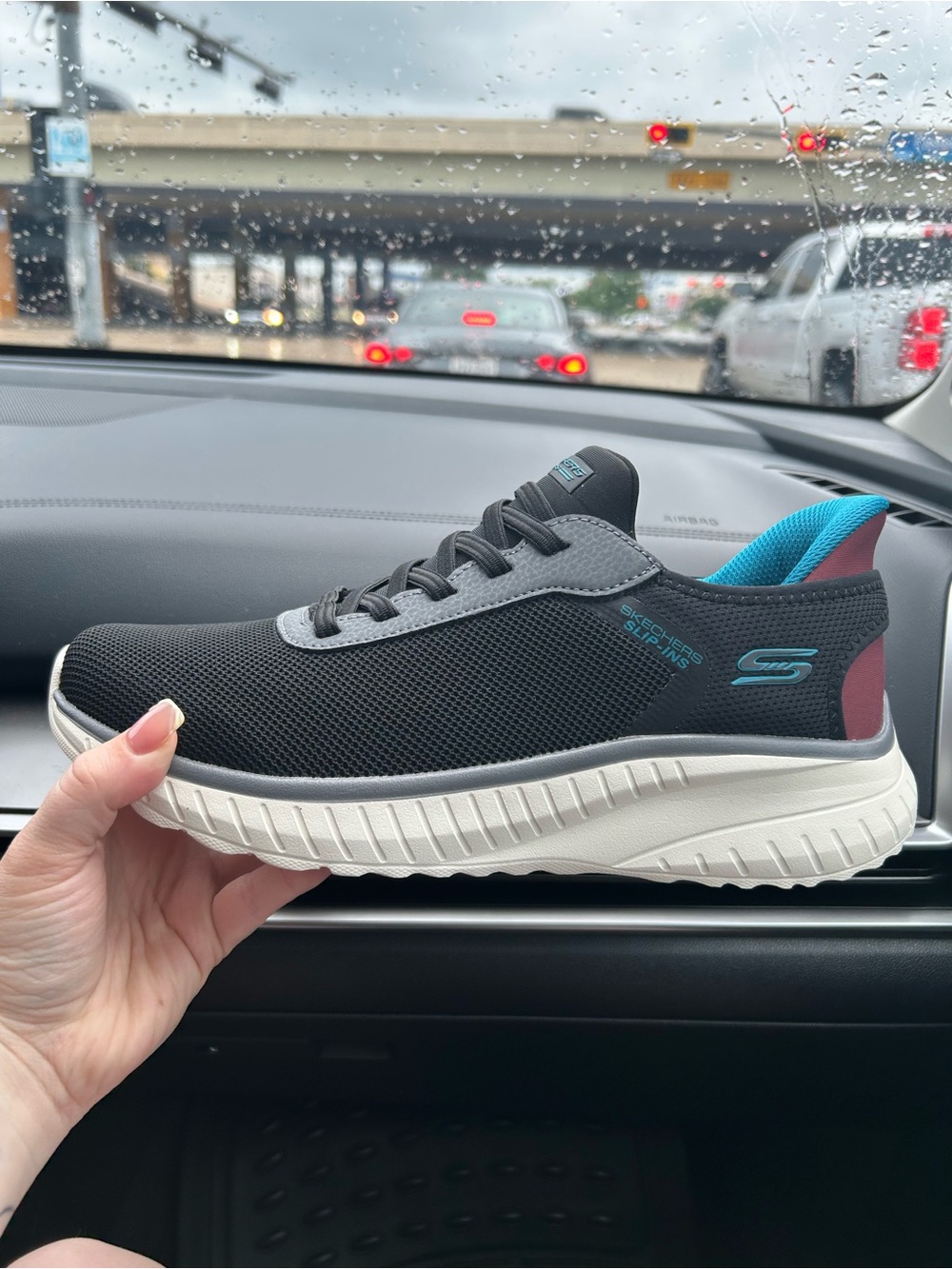 Skechers Men’s Black Athletic Sneakers with Teal and Burgundy Accents